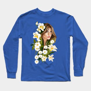 BELIA Illustration Woman with White Flowers Long Sleeve T-Shirt